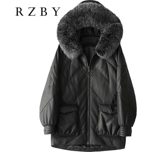 Womens fur natural coat 100% real Genuine Leather jacket Sheep fox fur collar coat M-2XL White duck down jacket women coat