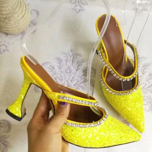 Summer Yellow Bling Bling Slingbacks Slipper Women Rhinestone Straps High Heels Sandals Pointed Toe Ladies Cup Heel Sequin Slide
