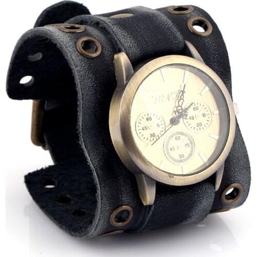 Mens Retro Black Watch Luxury Quartz Watch Wide Cow Leather Punk Bracelet Fashion Sport Watch for Mens Gift Relogio Masculino