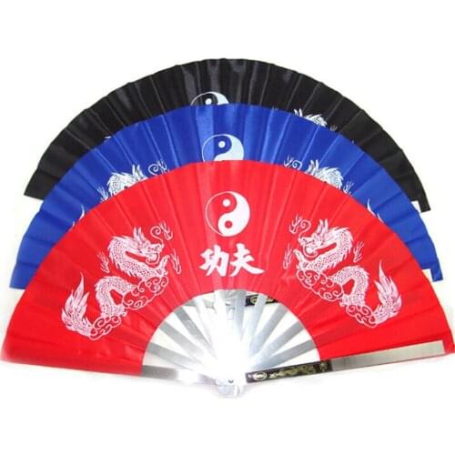 Stainless Steel Kung Fu Tai Chi Double Dragon Rib Heavy Fan Blue Black Red