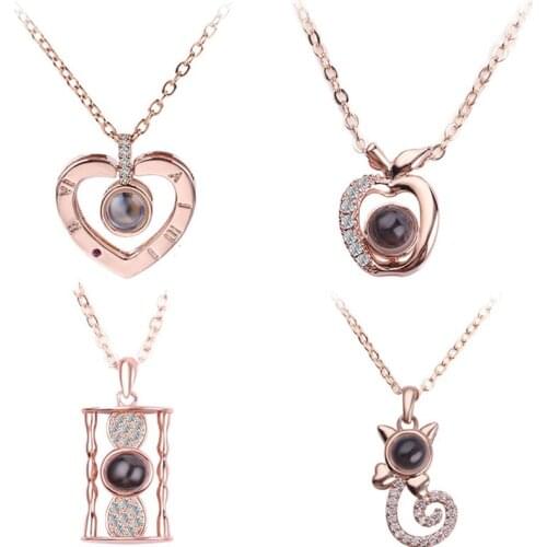 New 100 Languages I Love You Projection Pendant Necklace Flower Heart Shaped Romantic Love Memory Wedding Necklace