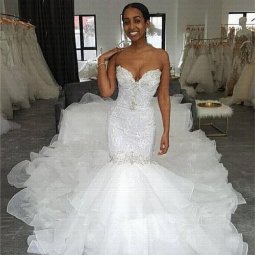 New Luxury Ruffles Arabic Mermaid Wedding Dress 2020 Amazing Big Train Lace Up Back African Bridal Gowns