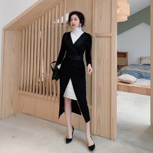 Autumn Winter Elegant Two Piece Set for Women 2020 V-neck Long Sleeve Casual Blazer with Belt and White Black Dress Ladies Suit
