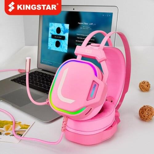 KINGSTAR V10 Wired Gaming Headset USB 7.1 Channel LED Light Pink Cute Girl Headphones with Mic Noise Reduction Music Headphones