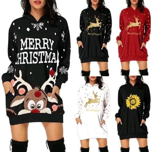 Christmas Print Mid-length Pocket Hooded Long-sleeved