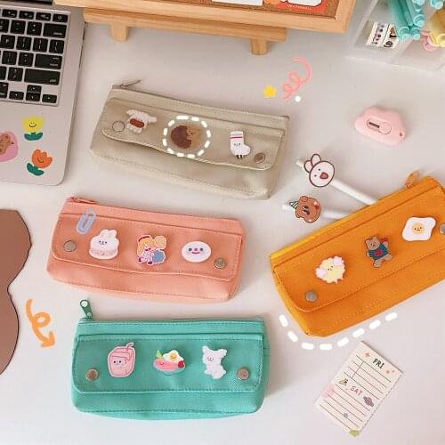 Cute Brooch Pencil Case High Capacity Student Canvas Pencil Bag Multifunction Kawaii Student Stationery Kids School Supplies