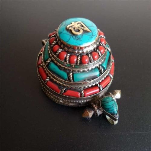 TGB172 Tibetan OM Amulet Prayer box White Metal Copper Inlay Colorful Stone Multi Layers Round Lockets Pendants