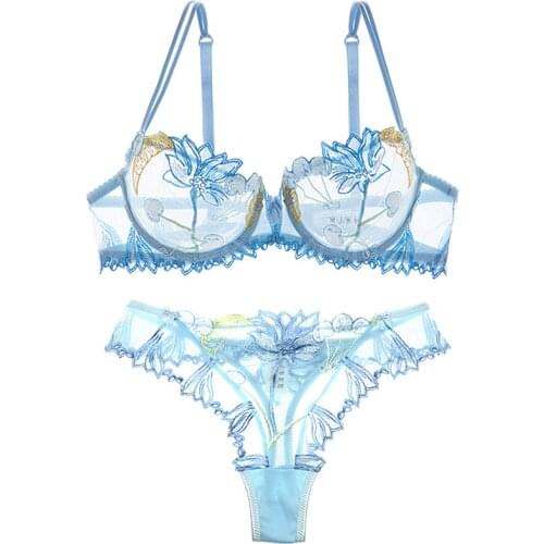 Embroidered mesh yarn ultra-thin sexy allure hollowed-out sponge bra bra set t-pant women ABCD cup