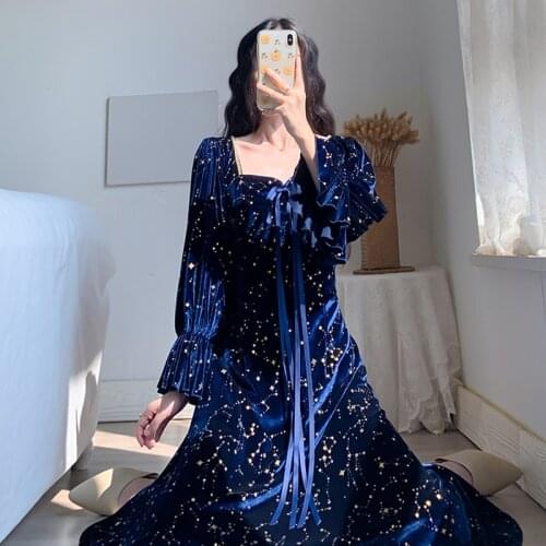 High Quality Dress Autumn New Palace Retro Gold Velvet Blue Galaxy Starry Sky Lace Stitching Dress Women Winter Vestido