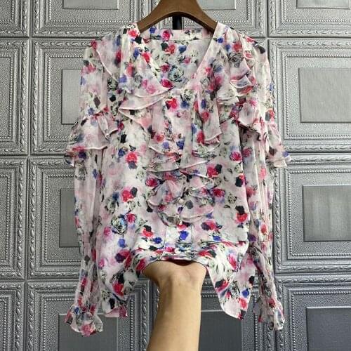 Print Collar Mulberry Silk Top Silk Shirt Women Spring Summer Fashion Ruffle Print Loose Long-sleeved Top Silk Shirt Wom