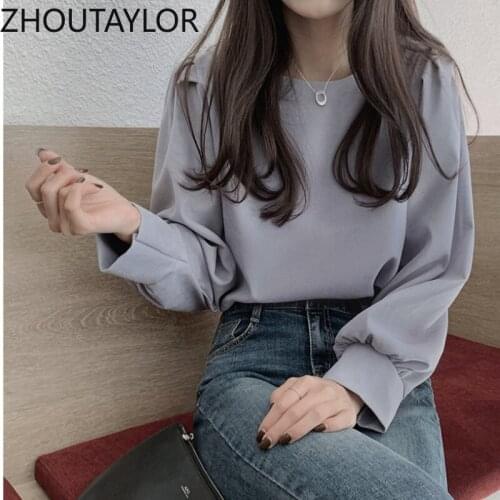 ZHOUTAYLOR Women Shirts Sweet Office Lady O-Neck Fashion Full Puff Sleeve Blouses Femme Straight Autumn New Tops Female S0692