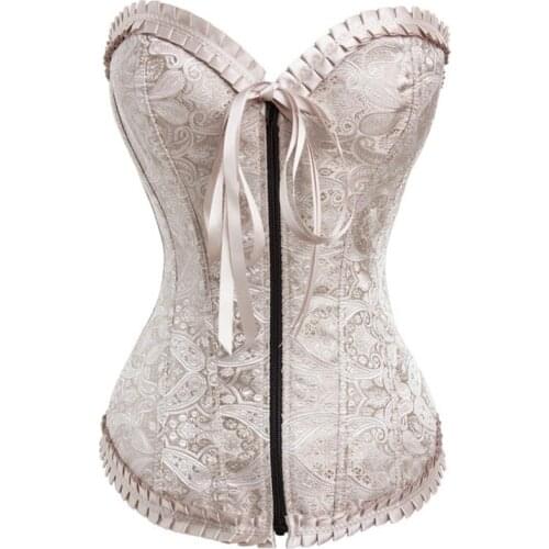 Latex Corset Top Women Apricot Jacquard Zipper Front Strapless Overbust Bustiers & Corsets Corselet Hot Corpetes e espartilhos