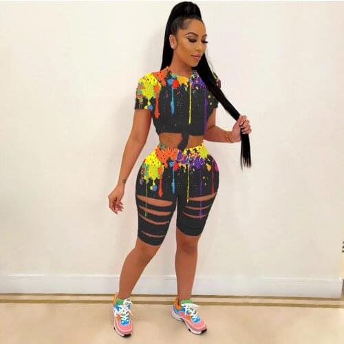 Splash Ink Print Casual Two Piece Set Tracksuit for Women Short Sleeve Bandage T-shirt and Hollow Out Biker Short Sport Suits