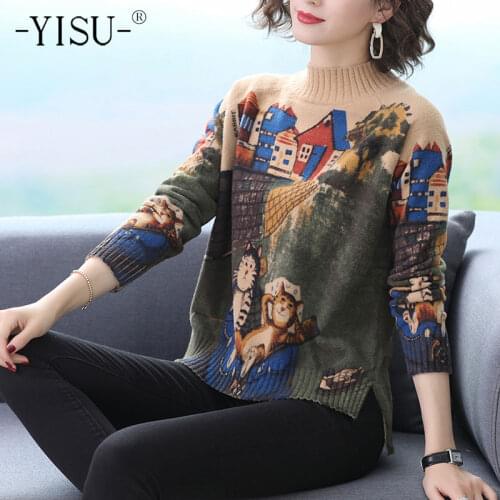 YISU Women Sweater Cartoons Half turtleneck Jumper Long Sleeve Casual Fashion Loose Warm Imitation Mink Female Knitted pullover
