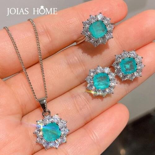 JoiasHome 100% 925 Sterling Silver Jewelry Sets for Woman Paraiba Gemstone Fashion Earrings Rings Necklace for Woman Gifts