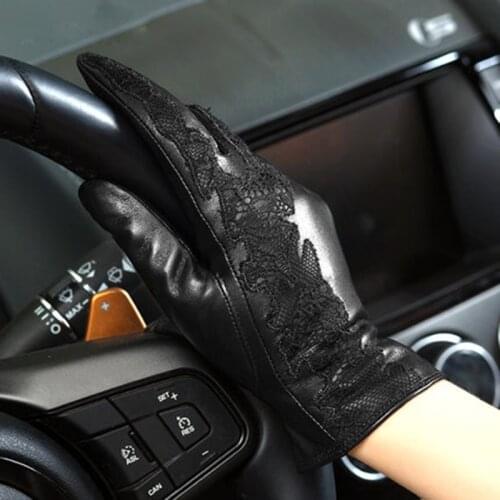 Winter Genuine Leather Gloves Women Fashion Black Thicken Plus Velvet Lace Embroidery Sheepskin Driving Glove NW079-5