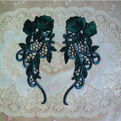 1 Pair 23*11cm China Style Classical Vintage Patches Wedding Bridal Embroidery Green with Blue Lace Patch Sewing Lace Applique