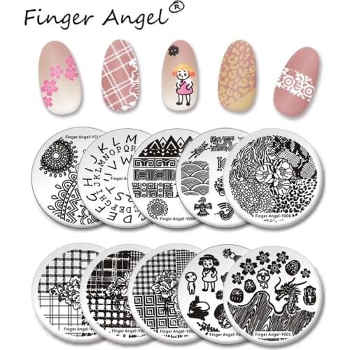 Finger Angel 1PCS Nail Art Stamping Plates Stamp Image Plate Letter Pattern Flower Printing Round Template