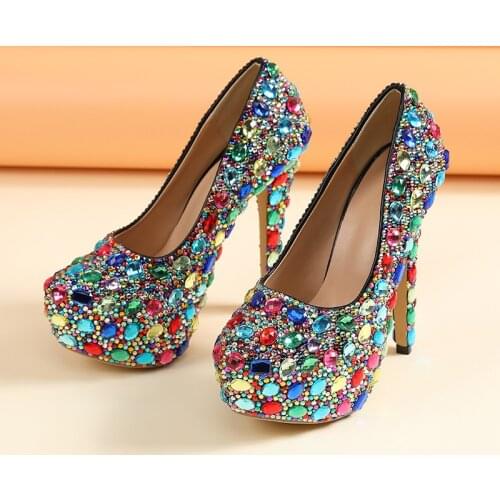 2021 spring 14 cm colored diamond bridal plus size bridal wedding shoes fashion bag stiletto banquet dress womens single shoes