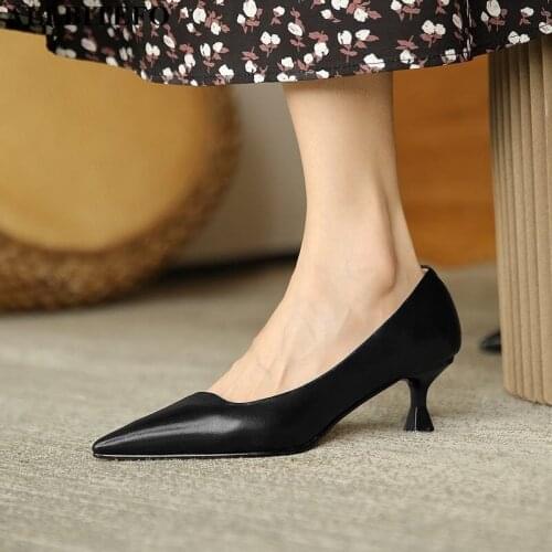 ALLBITEFO Pointed Toe Thin Heel Comfortable Genuine Leather Women Heels Shoes Spring Fashion Sexy Girls Women Dance Shoes
