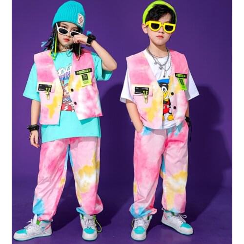 ChildrenS National Tide Hip-Hop Dance Costumes For Kids Tie-Dye Hiphop Suits Girls Jazz Dance Catwalks Performance Wear DQS7515