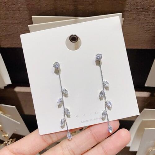 Long Silver Plated Crystal Leaf Tassel Drop Earrings For Women Wedding Fashion Jewelry Gift