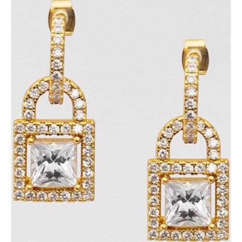 European and American Brass Earrings light luxury net red heavy industry square zircon small lock earrings earrings