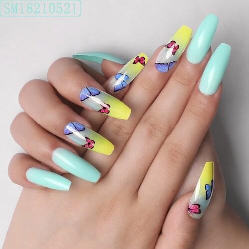European Women Nail Art Tips Mid length Coffin Fake Nails Long Light Green Butterfly Decor Nail Art Tool Finished Nails Tips