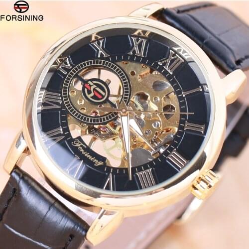 Forsining 3d Logo Design Hollow Engraving Black Gold Case Leather Skeleton Mechanical Watches Heren Horloge Men Luxury Brand New