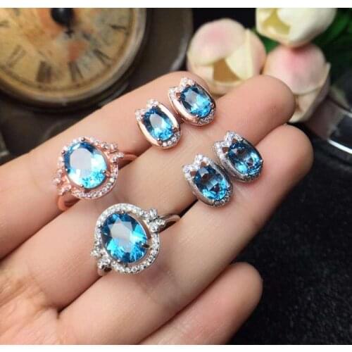 KJJEAXCMY boutique jewelryar 925 Silver-inlaid Natural Topaz Jewelry Female Ring Earring Set Support Detection