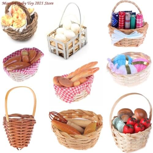 New Trash Cans Bath Fruit Bamboo Bread Toast hot dog Egg Sewing Tools Weaving Storage Basket Dollhouse Furniture Toys