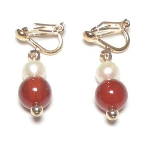 New Favorite Pearl Store Genuine 7-8mm White Pearl Red Jade 18K YGP Clip On Earrings Wedding Party Perfect Lady Gift