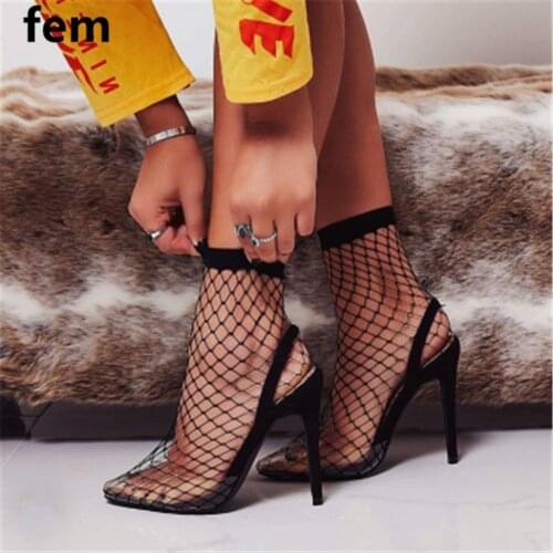 Sexy Fashion Fishnet Sock Shoes Summer Boots High Heels Mesh Transparent Clear Boots Pointed Toe Fashion Party Ladies Shoes Boot