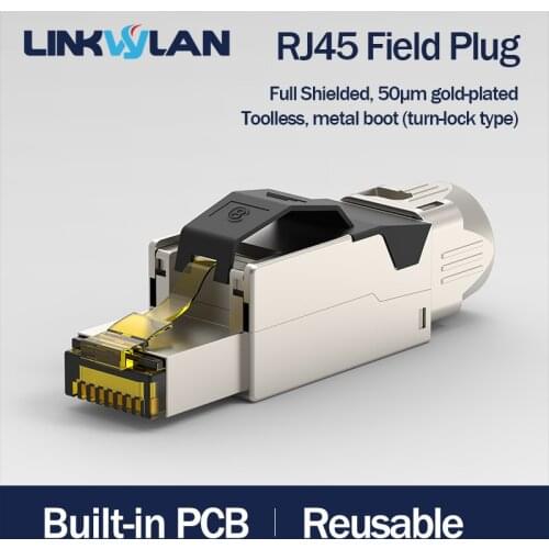 Turn-Lock Metal Boot Type RJ45 Cat6A Cat8 Field Termination Connector Plug Full Shielded 50u Gold-Plated On Contact Pins