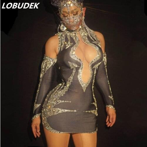 Off Shoulder Sparkly Rhinestones Mini Shinny Dress Women Prom Birthday Celebrate Evening Party Dresses Bar Singer Dancer Costume