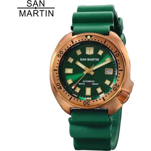 San Martin 6015 Bronze Dive Mens Watches Sapphire Crystal 200M Water Resistant Rubber Strap Mechanical Wristwatch Relojes часы