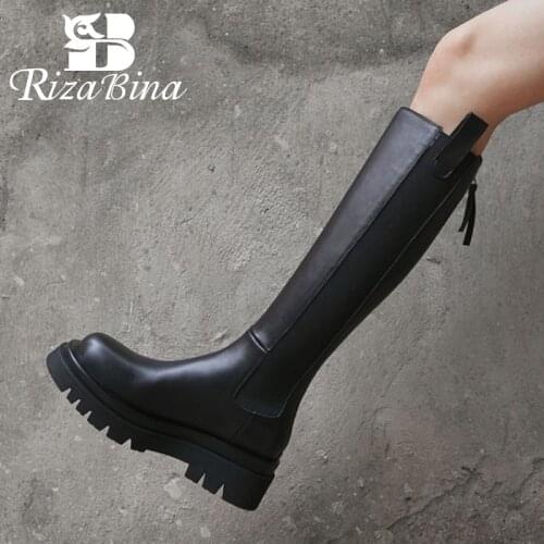 RIZABINA Women Flat Heel Long Boots Real Leather Zipper Woman Winter Shoes Fashion Warm Knee High Boots Women Size 33-42
