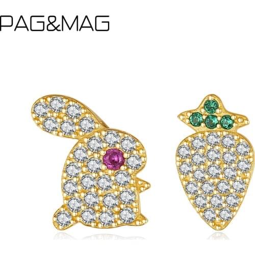 PAG&MAG Cute Rabbit & Animal Asymmetry 925 Sterling Silver Stud Earrings For Women CZ Zircon Original Fashion Jewelry Christmas