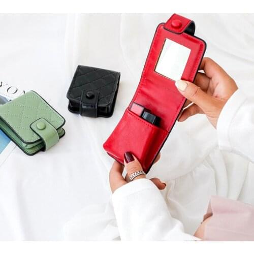 Lipstick Bag With Mirror Small Portable Mirror Portable Korean PU Mini Small Bag Storage Bag Makeup Box Lipstick Box