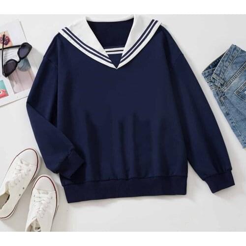 Hooded Sweatshirt Japanese Fashion Sailor Collar Hoodie Soft Girl Kawaii Sweatshirt Cute Tops for Teens School Retro Pullover