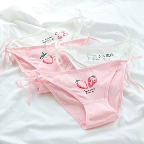 Cute Low Waist Lacing Up Lolita Panties Sweet White Pink Strawberry Pattern Cotton Briefs Soft Breathable Adjustable Underwear