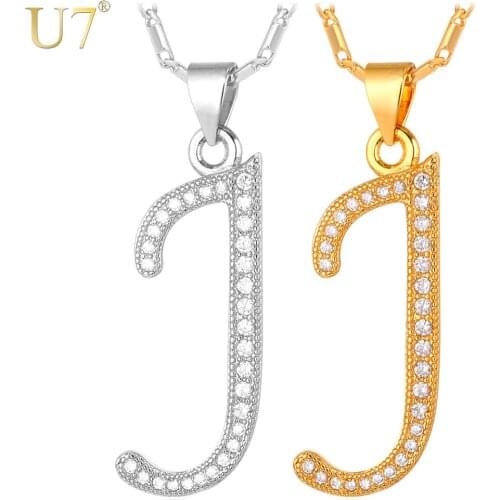 U7 New Fashion Alphabet Initial J Letter Pendant Charm Gold Color Zirconia Crystal Necklace Women P703
