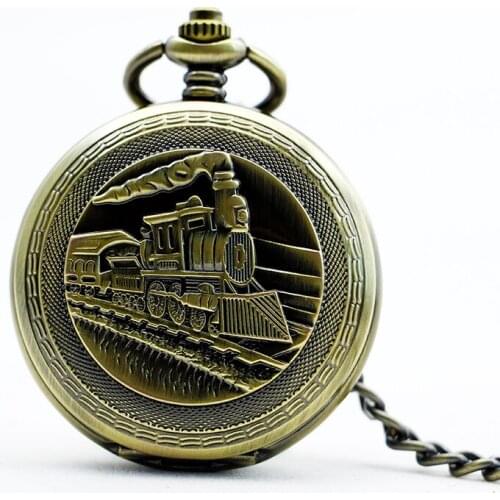 Vintage Bronze Trains Carving Single Open Hunter Skeleton Steampunk Men Mechanical Hand Winding Chains Pocket Watch