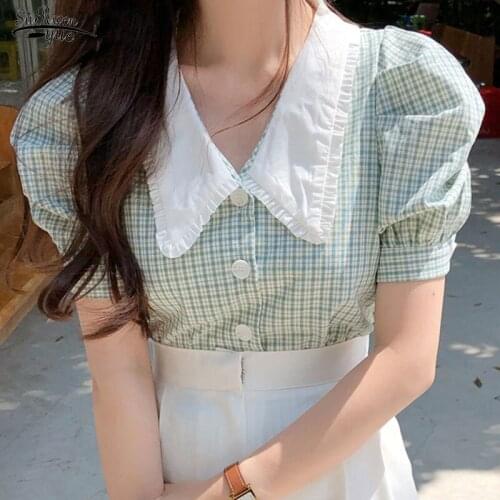 Korean Chic Fashion Vintage Retro Plaid Single-breasted Shirt Female Tops Puff Sleeve Summer Women Blouses Femme Blusas 14793