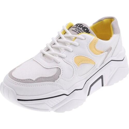 Mesh Leather Running Shoes for Women White Yellow Sport Sneakers Woman Platform Breathable Sports Walking Shoes Height Increase