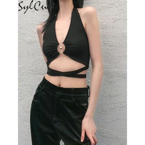 Sylcue Summer hong kong designer metal ring hanging neck suspenders women tie beauty back slim T - shirt multiple color options