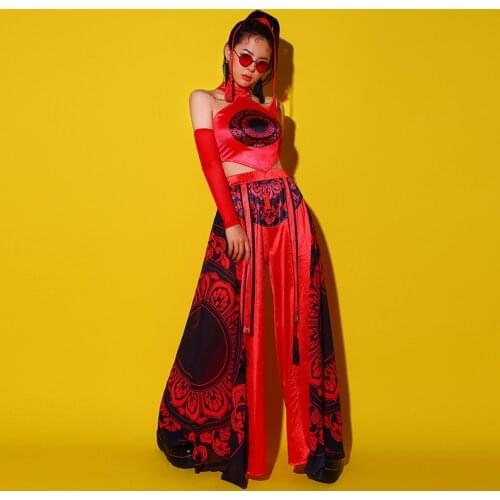 2021 Chinese Style Red Outfits Women Hip Hop Dance Costumes Female Nightclub Bar Ds Dj Rave Clothes Festival Outfits DN7895