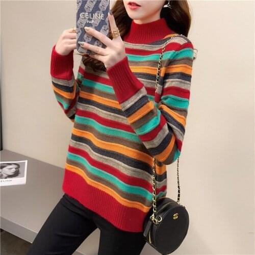 Vintage Sweater Women Color Stripe Korean Fashion Half High Collar Pullover Womens Spring Autumn Loose Long Sleeve Jumper