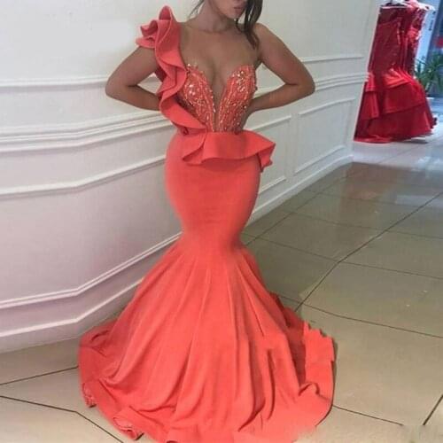 Beautiful Coral Mermaid Prom Dresses Zipper Back Beaded Satin Formal Dress Evening Wear Abendkleider Robe de soiree Custom Made