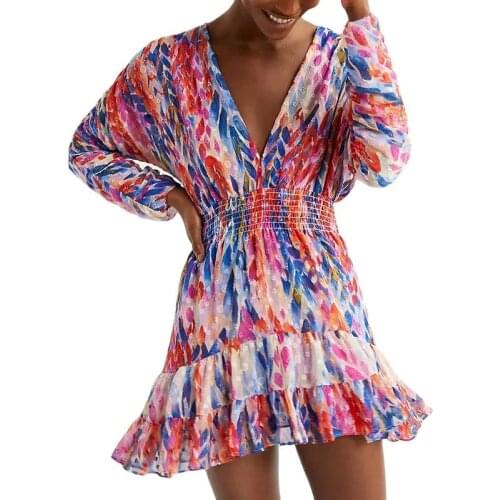 Womens hot sale chiffon color print dress 2021 summer new style personality V-neck personality elastic waist A-line skirt